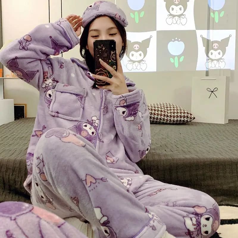 Ensemble de pyjama en flanelle thermique en peluche Kuromi pour femmes, collection automne-hiver 202