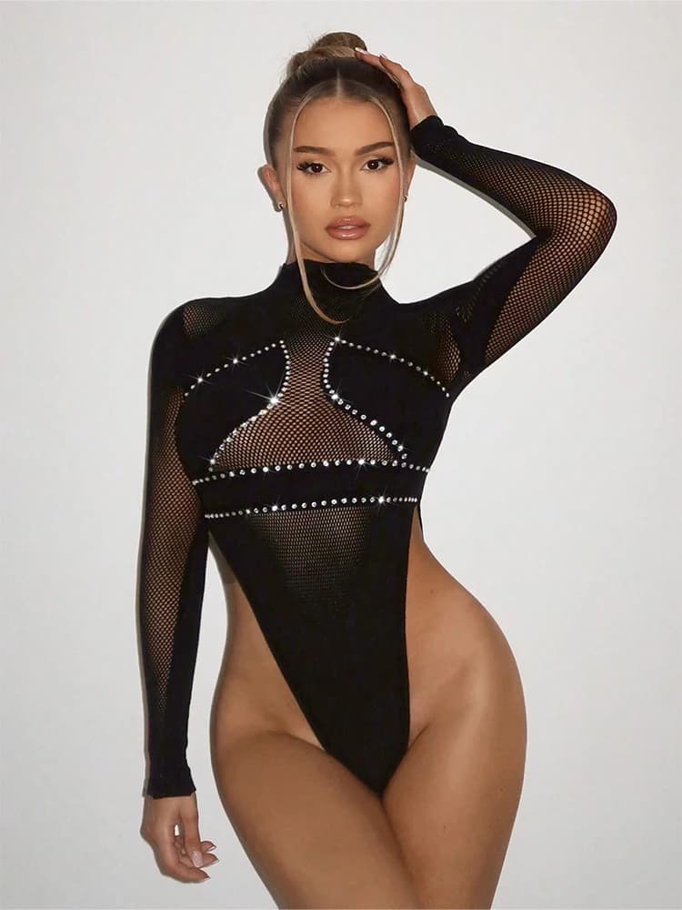FHSEER 1 pièce Body sexy pour femme, noir, en maille transparente, moulant, col montant, manches lon