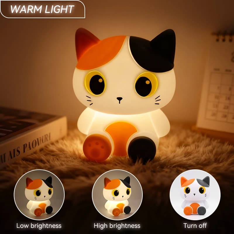 Veilleuse tricolore chat, lampe de chevet rechargeable, gradation à commande tactile, fonction minut