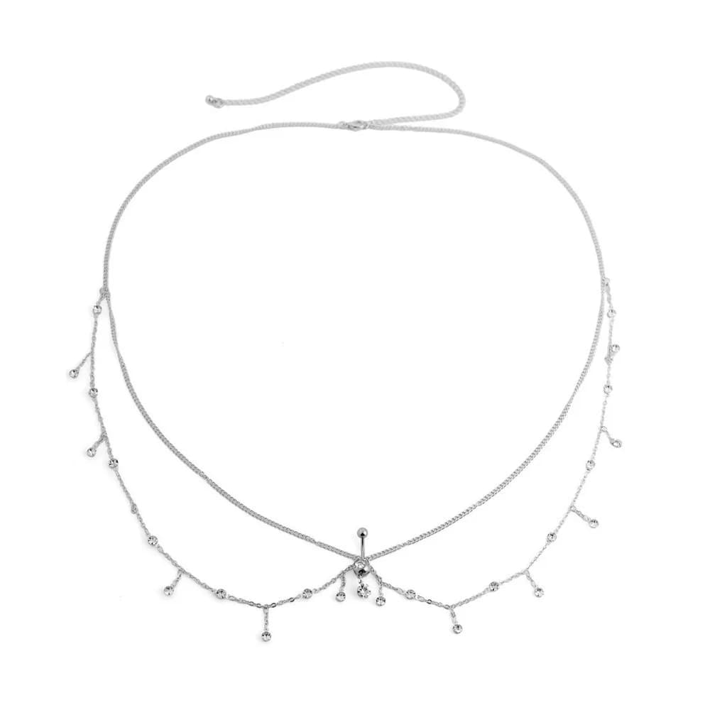 Chaîne de corps et de taille en métal argenté avec pampilles et zircon, motif goutte d'eau, pour nom