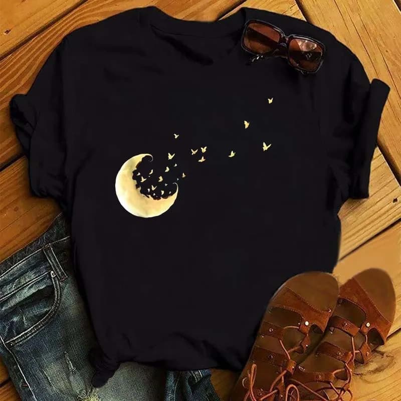 Nouveau T-shirt Femme Imprimé Papillon Lune 2026 – Style Amusant Années 90 Ulzzang, Manches Courtes,