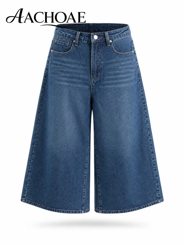 Culottes en jean large pour femme, taille haute, coupe décontractée, en coton, style vintage, pantal