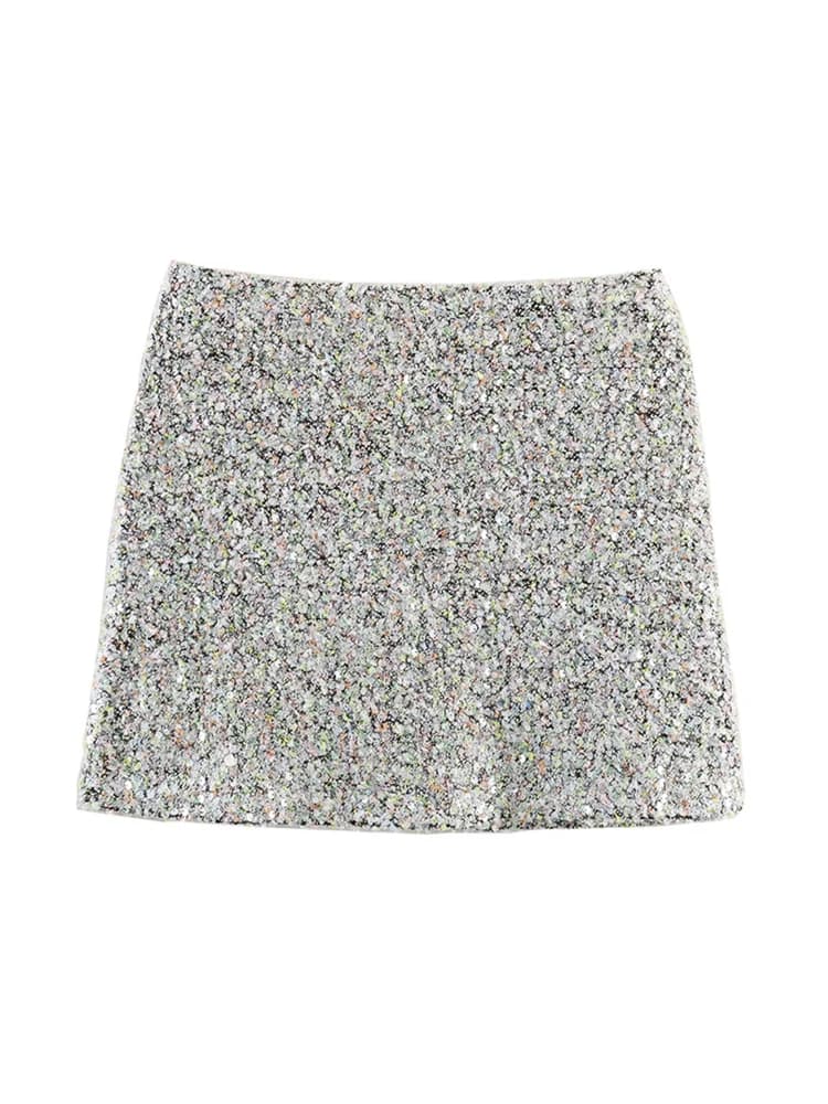Haut à manches longues et paillettes pour femmes, jupe courte, élégant, col rond, ample, taille haut