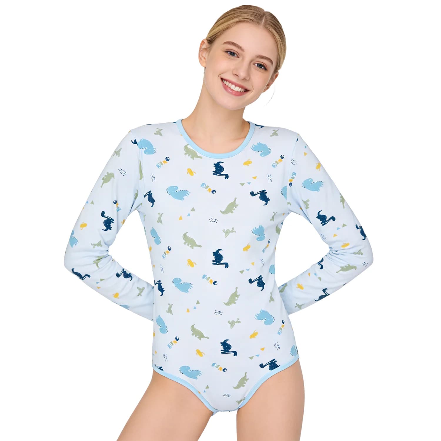 Combinaison en coton à motif de dinosaure bleu pour adultes, combinaison à manches longues ABDL, dou
