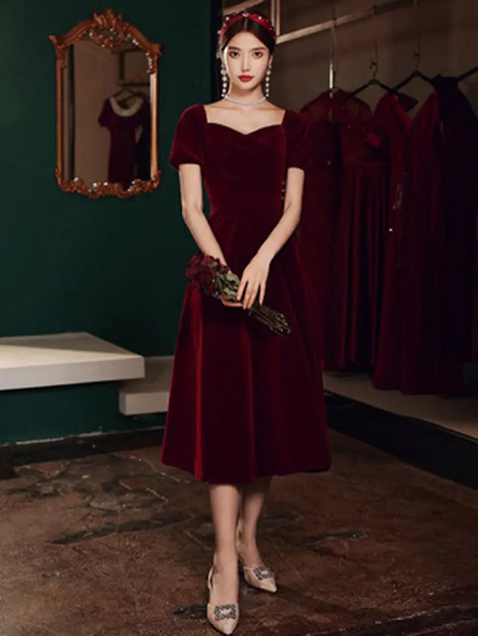 Robe de soirée Vintage bordeaux, manches courtes, ligne a, longueur cheville, Simple, nouvelle colle