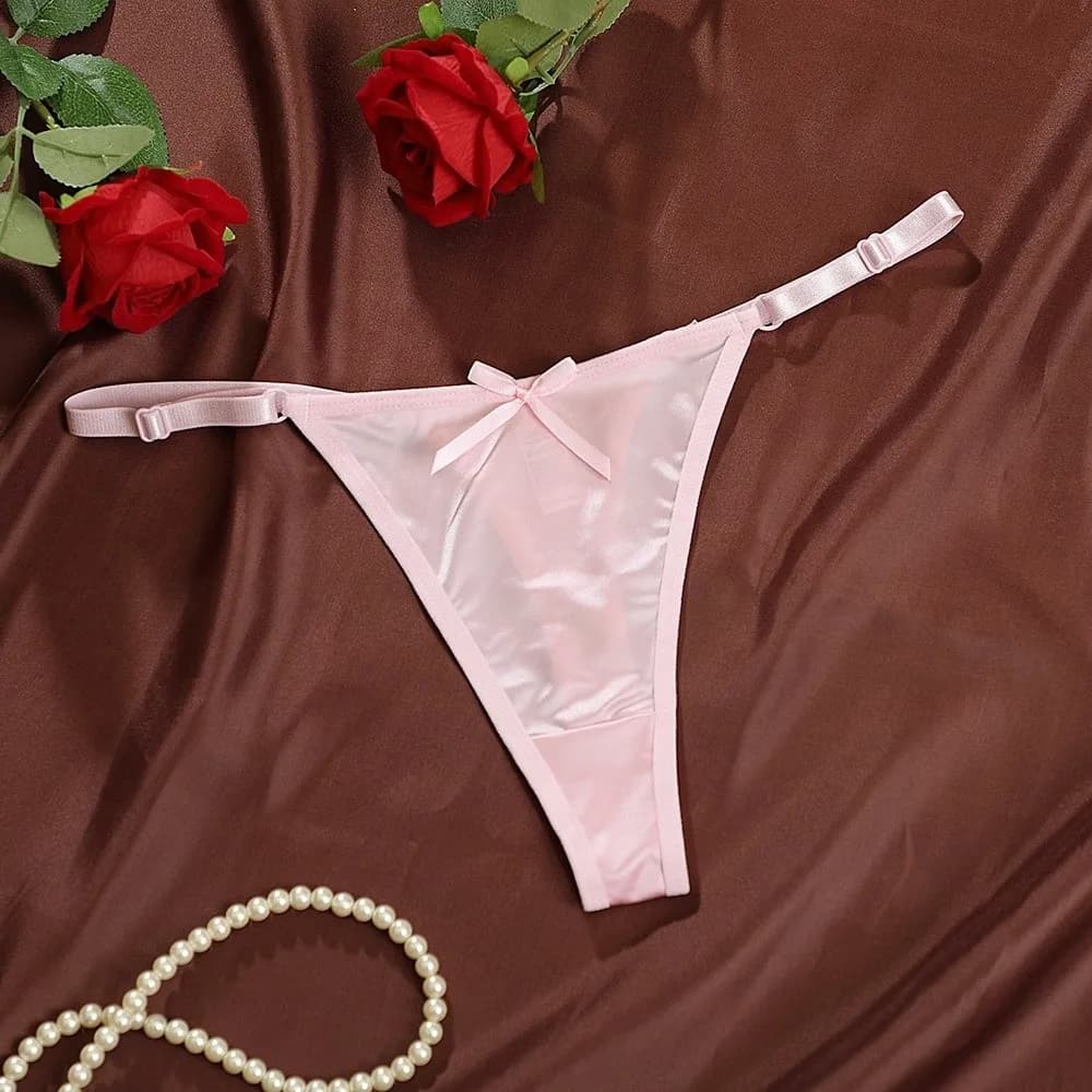 String T-back taille basse en satin transparent avec nœud, culotte brodée, lingerie évidée pour femm