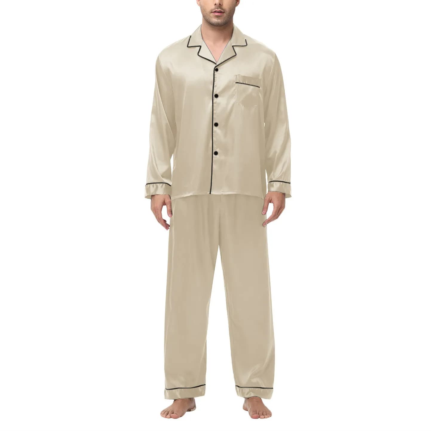 Hommes pyjamas ensemble soie Satin vêtements de nuit pour homme chemise à manches longues Pijama mâl