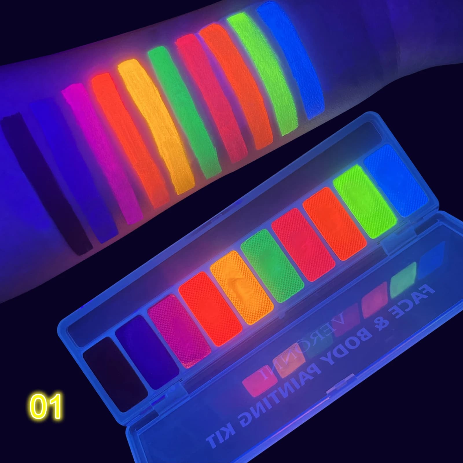Ensemble de peinture corporelle à lumière noire lumineuse UV avec pinceau, 10 couleurs pâte Soluble 