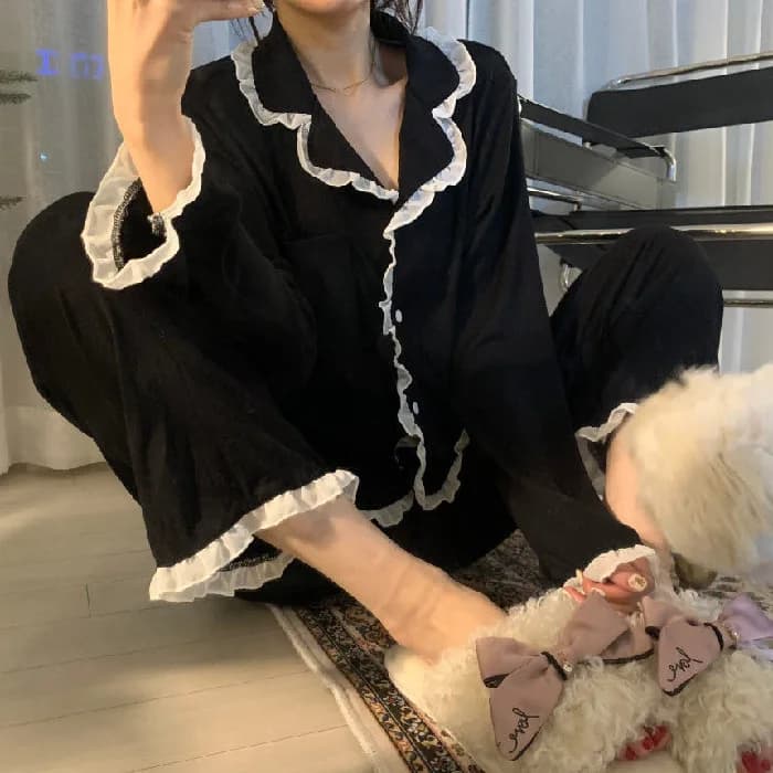 Ensemble de pyjama noir à manches longues pour femmes, dentelle, mignon, doux, confortable, pantalon