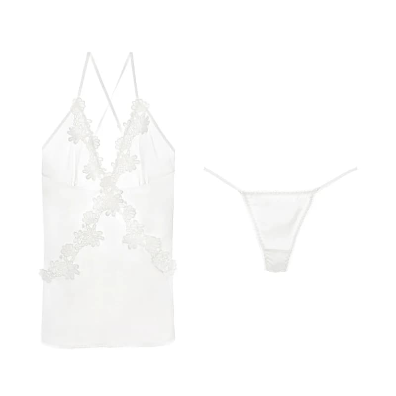 Meet'r Satin vêtements de nuit femmes Sexy broderie dos nu chemise de nuit col en v pyjama avec stri
