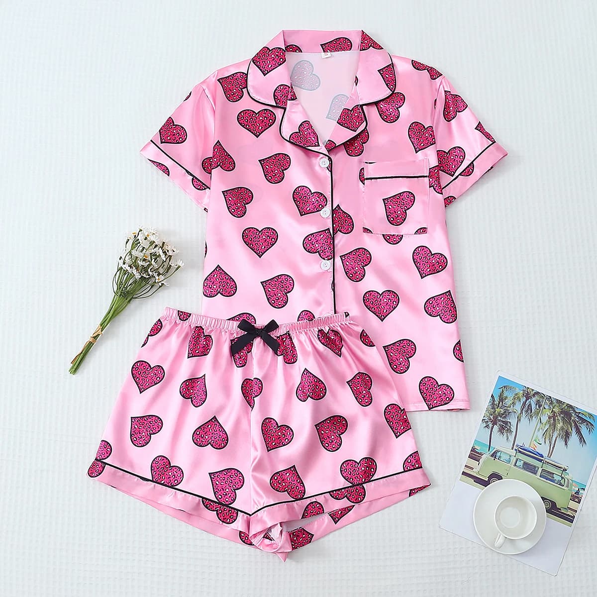 [Saint valentin] Pyjama 2 pièces en satin avec imprimé cœur, short à manches courtes, pyjama pour fe