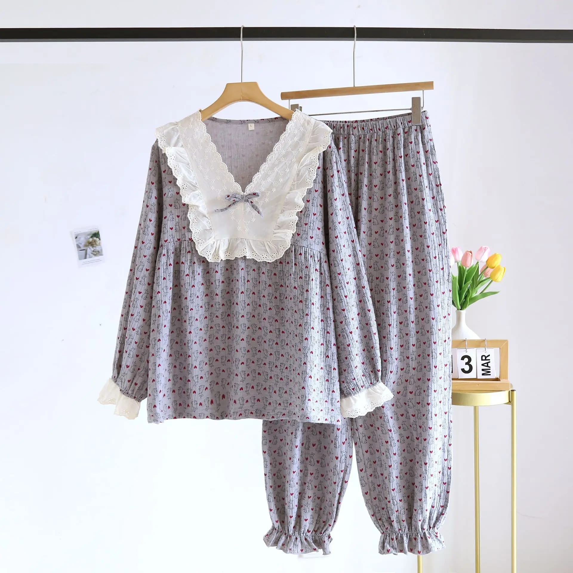 Princesse Cottagecore pyjama ensemble femmes Vintage dentelle col vêtements de nuit mignon coeur imp