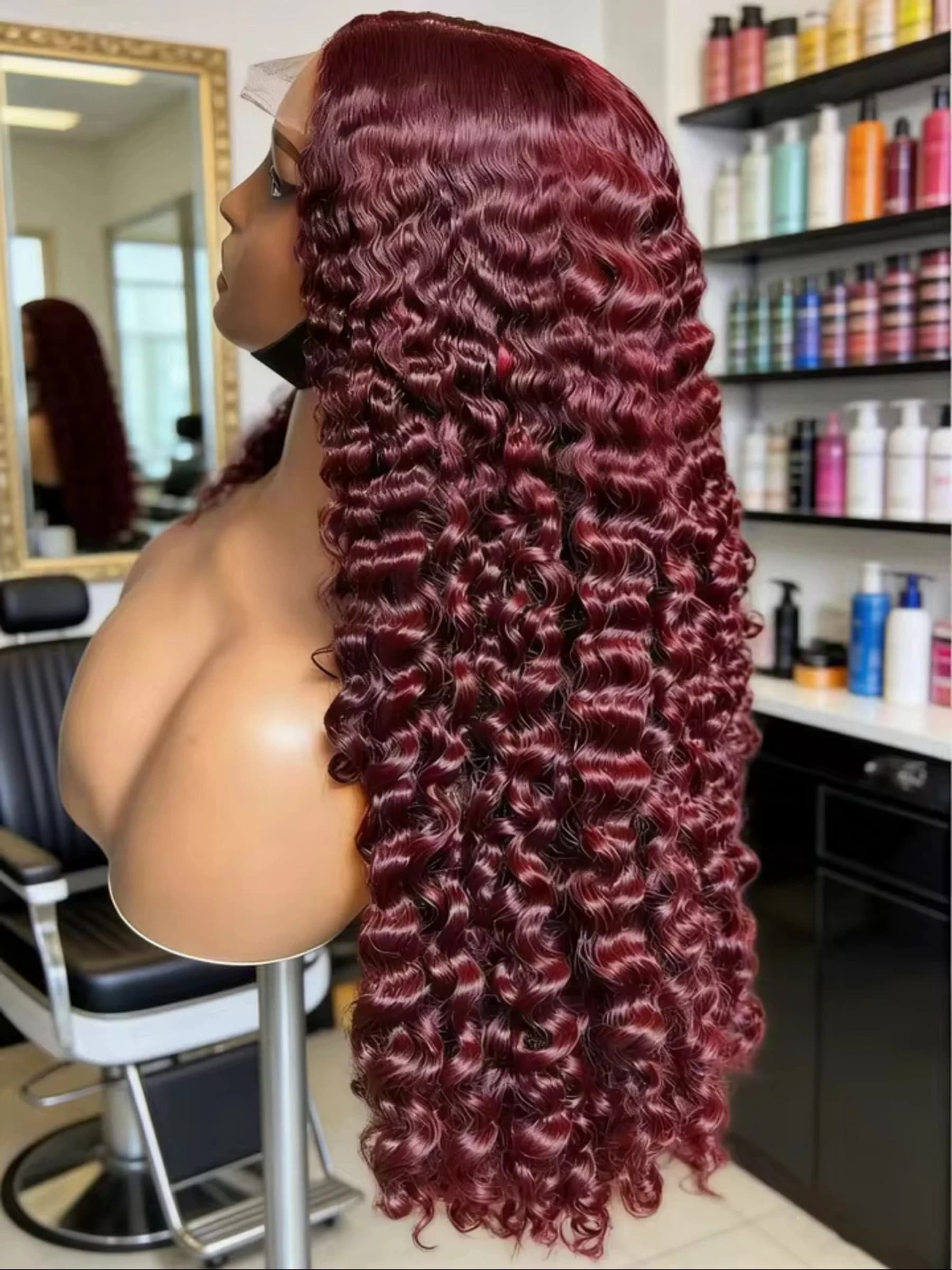 Perruques Full Lace Front HD 13X4X1 couleur Rouge Bourgogne 99J, Ondulation Profonde, Pré-épilées av