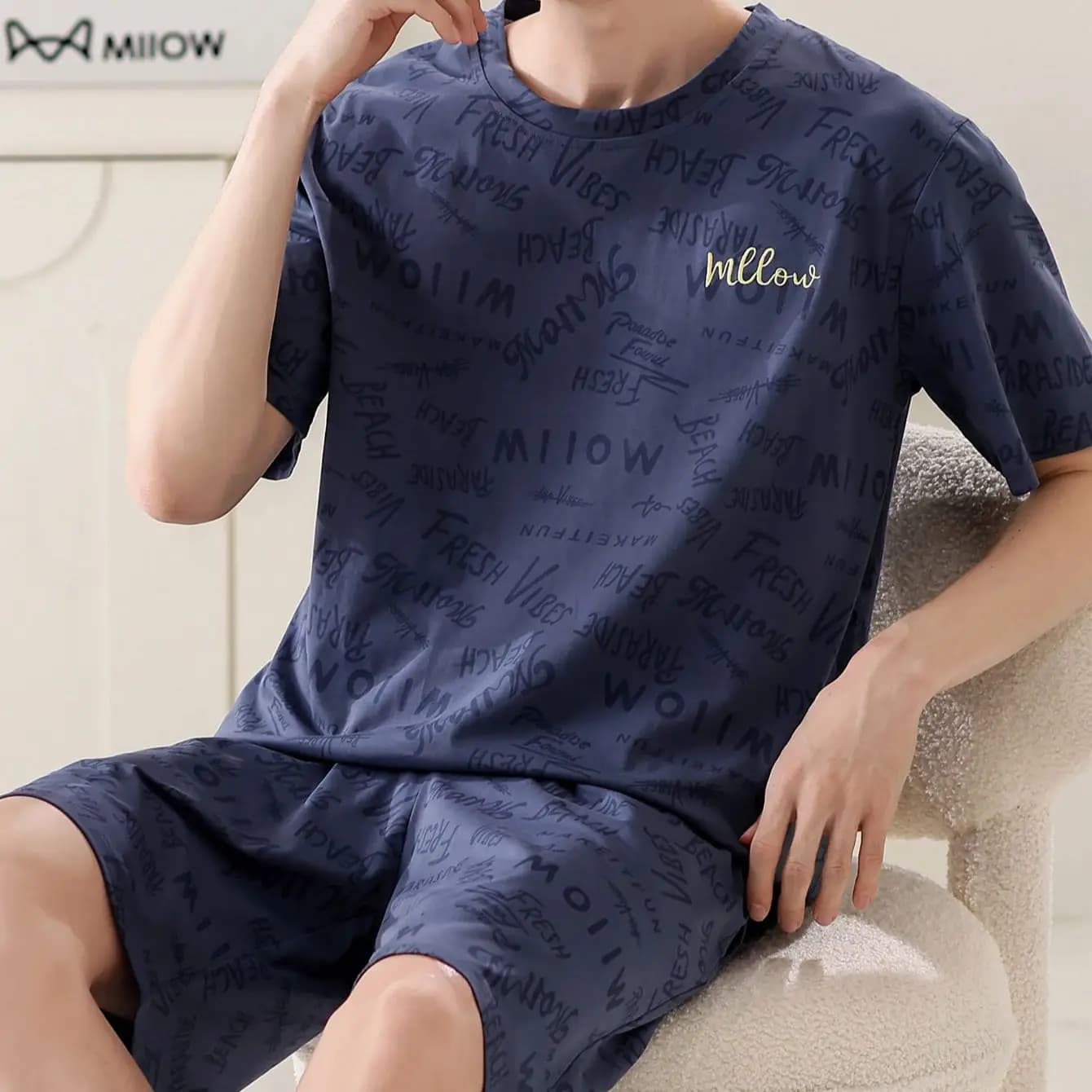 Ensemble pyjama pour homme, style décontracté et tendance, imprimé lettres, col rond [T-shirt], haut