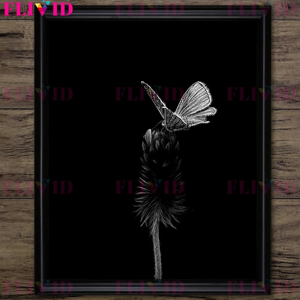 Toile d'art mural Vintage, petit papillon blanc et plante, imprimé papillon mystérieux, crayon noir-