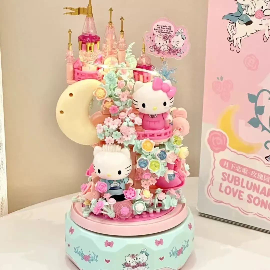 Boîte à musique Sanrio Hello Kitty Moon Love Song, Moon Society, briques DIY, ornement de bureau fai