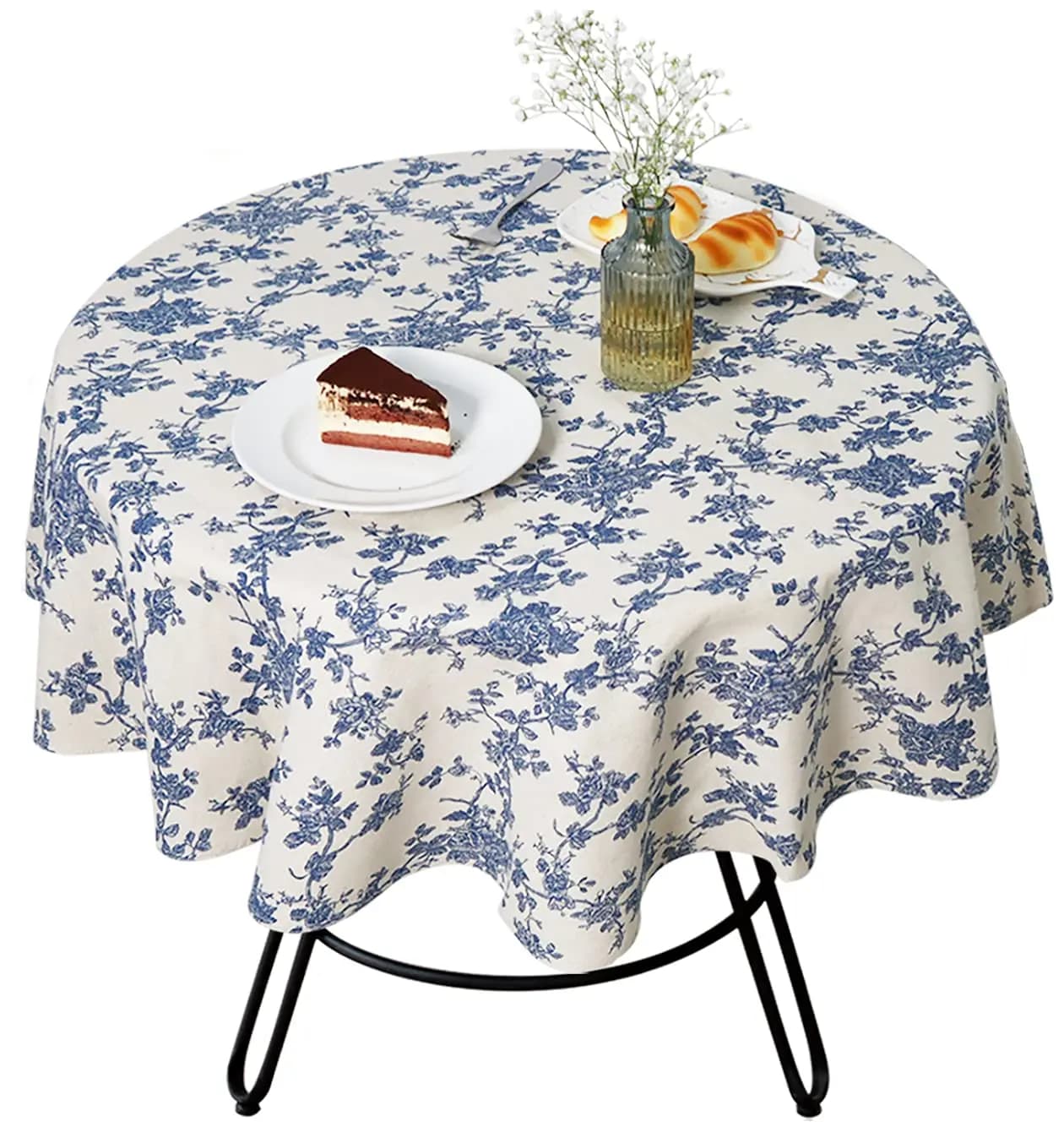 Nappe de table pastorale florale bleue, en coton et lin, vintage, couverture de table intérieure et 