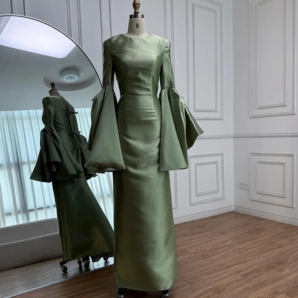 Robe de soirée élégante en Satin vert sauge, avec manches cloche, robe formelle Serene Hill LA73094,