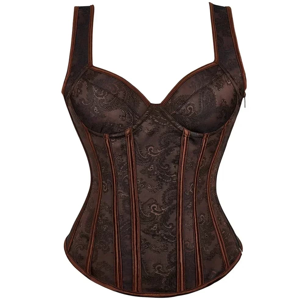 Vintage femmes gothique haut Corset avec bretelles surbuste Sexy Bustier fermeture éclair brocart Pu