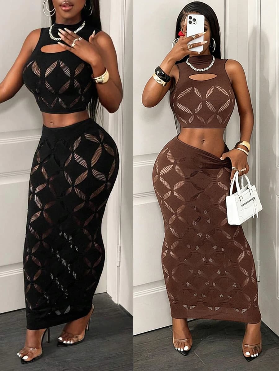 FHSEER Ensemble sexy 2 pièces grande taille pour femme, débardeur court en maille transparente ajour