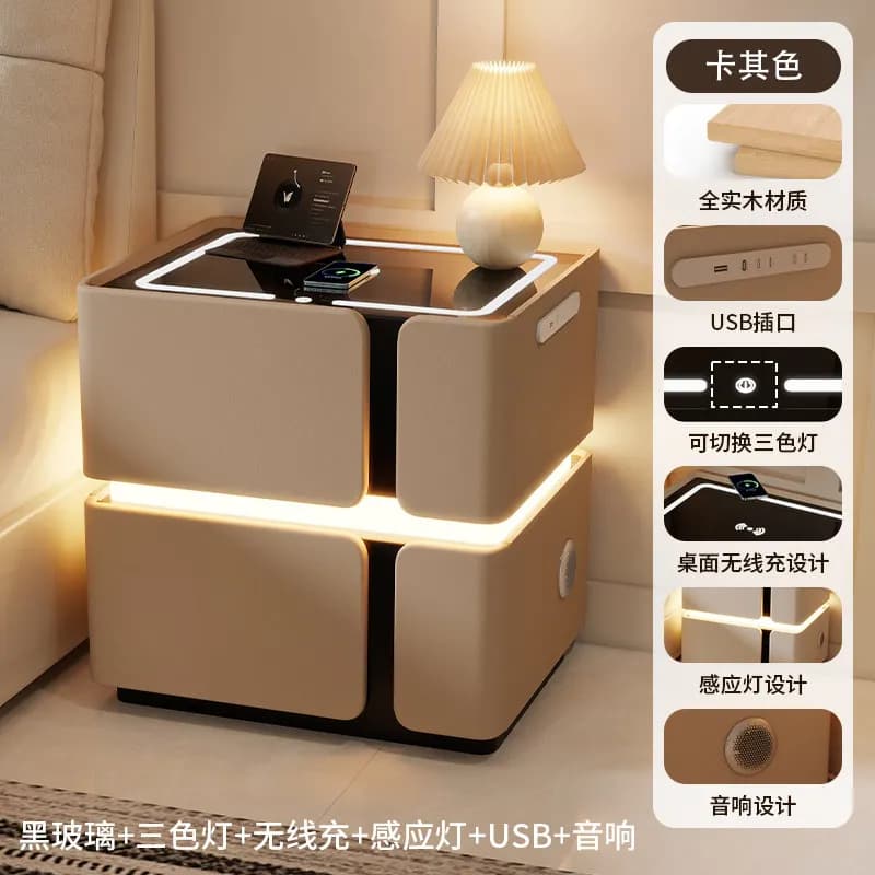 Table de chevet en bois trois couleurs avec station de charge, haut-parleur USB et rangement, style 