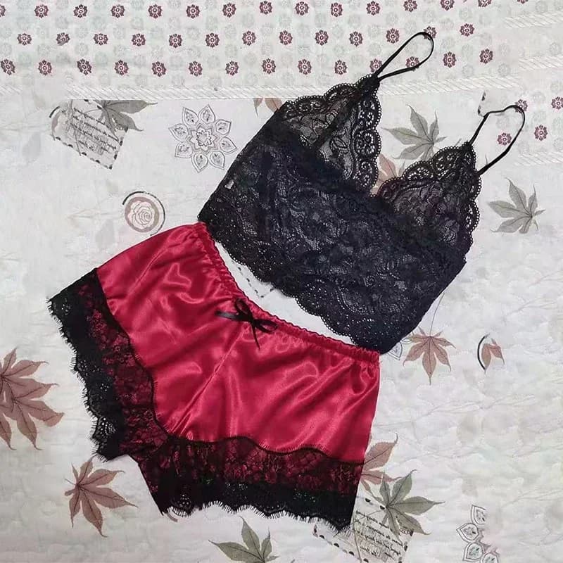 Ensemble de pyjamas en dentelle pour femmes, vêtements de nuit sexy, lingerie en fibre, col en V, en
