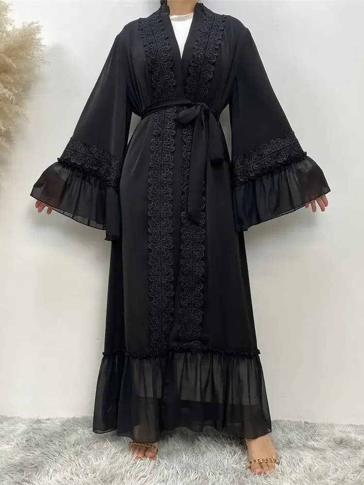 Abayas noires musulmanes avec ceinture pour femmes, Djellaba marocaine, Dubaï, manches évasées brodé