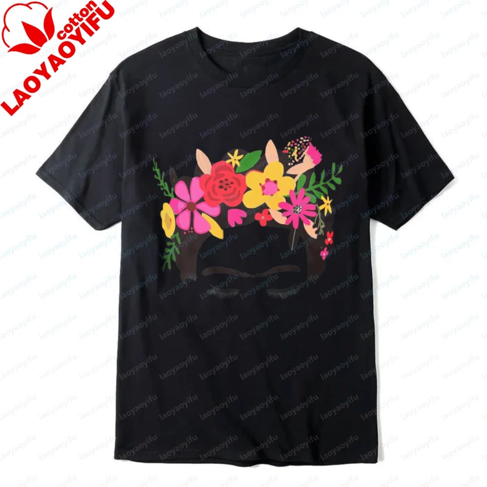 T-shirt graphique Frida Kahlo avec couronne florale pour femme, imprimé culturel mexicain, tee-shirt