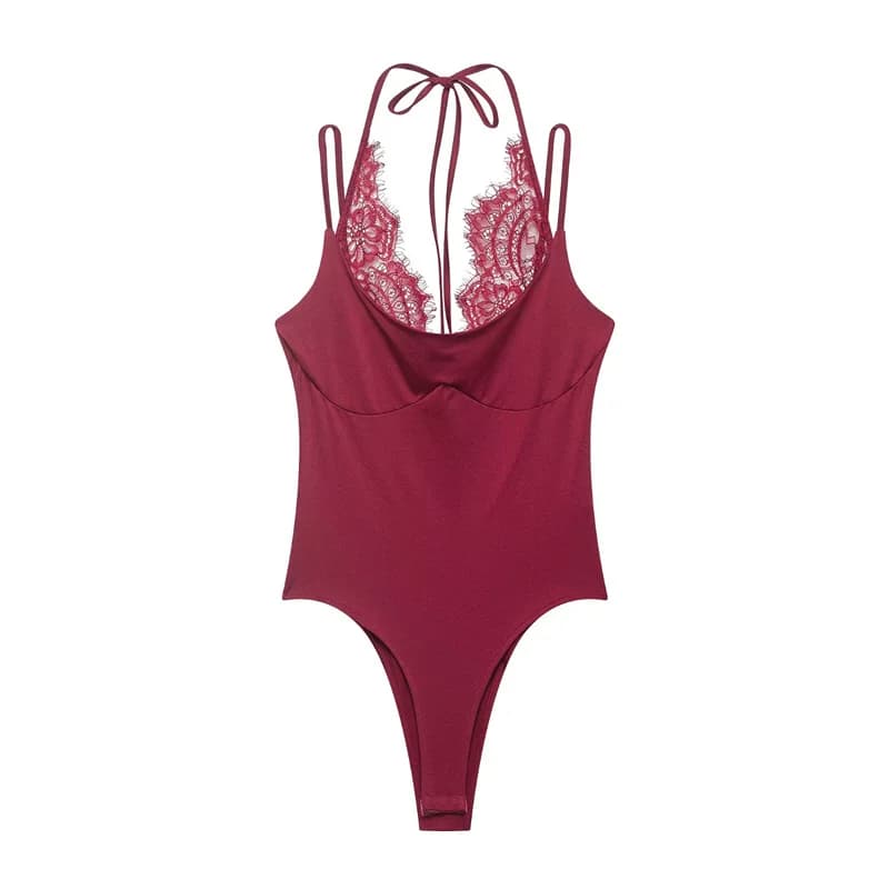 2026 Body moulant rose sexy pour femme, style streetwear, sans manches, en dentelle patchwork, pour 
