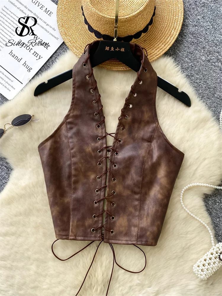 SINGREINY PU cuir Sexy Club Camisole mode évider à lacets mince débardeur sans manches dos nu Ins ép