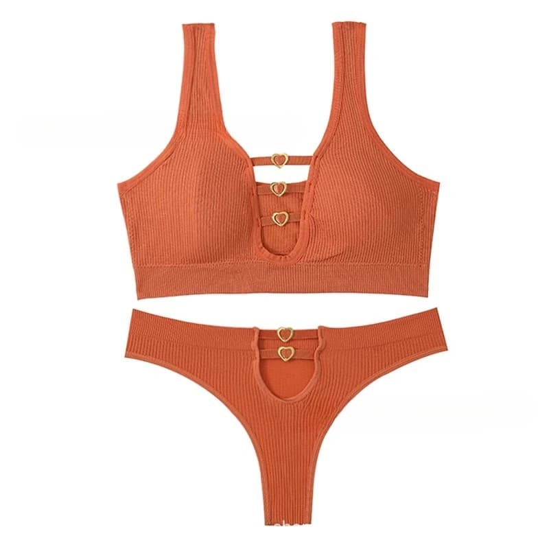 Ensemble soutien-gorge et string Push Up en tricot côtelé, Sexy, avec anneau en forme de cœur, levag