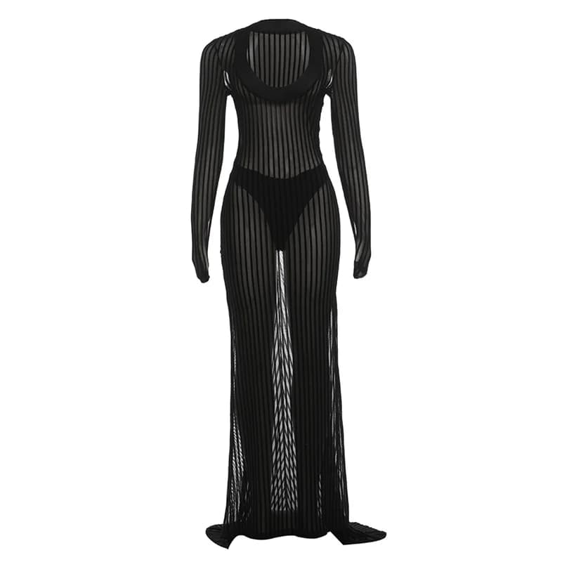 Nibber Club Sexy Voir À Travers Longue Robe Femme Rayure Patchwork Col Bas À Manches Complètes Chaud