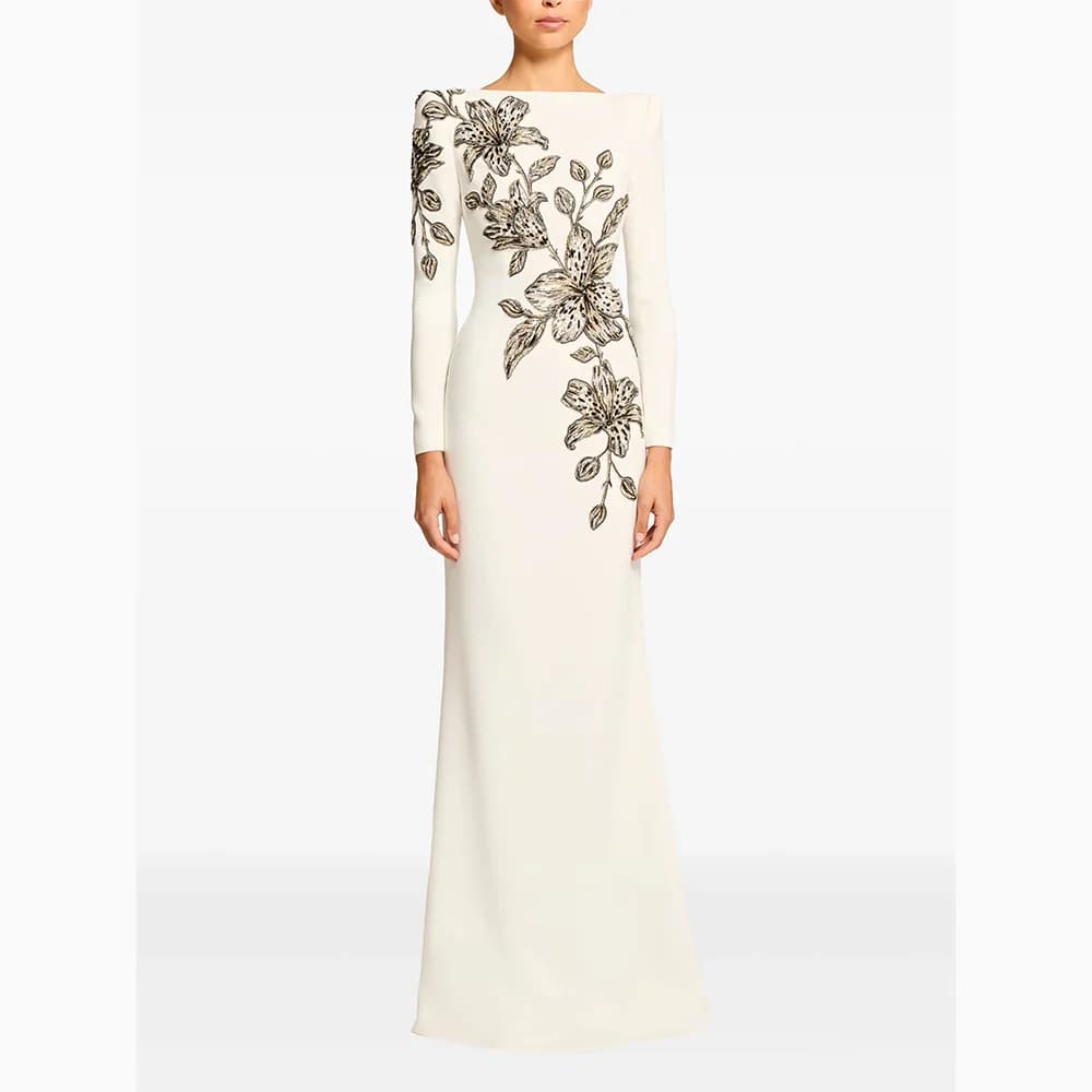 Robes de soirée de luxe col bateau manches longues robes de bal fleur élégante occasion formelle lon