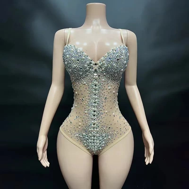 Perles collants body chanteur danseur scène discothèque porter femmes Sexy col en V Perspective mail