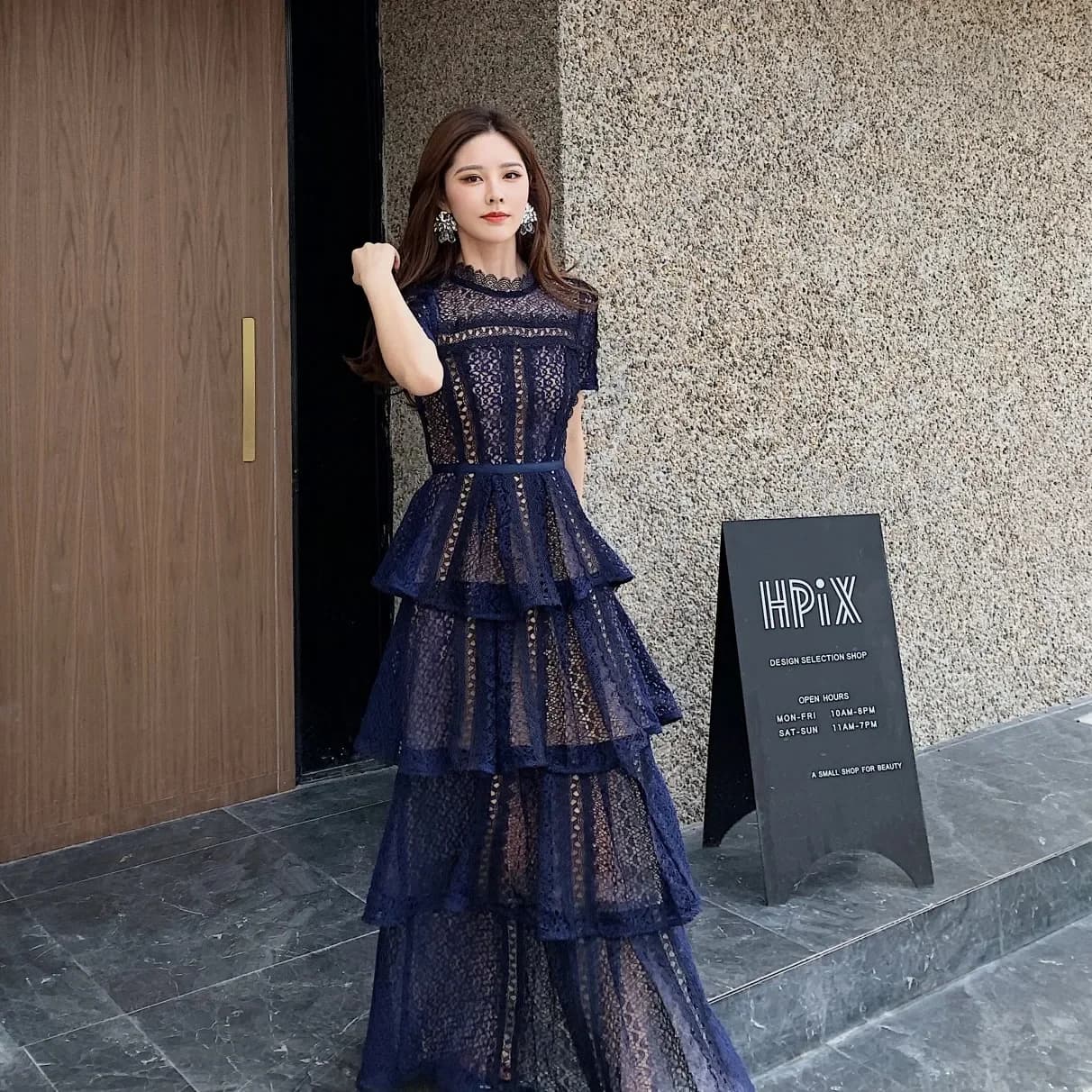Robes Maxi pour femmes, bleu foncé, couture en dentelle exquise, manches courtes, robe gâteau multic