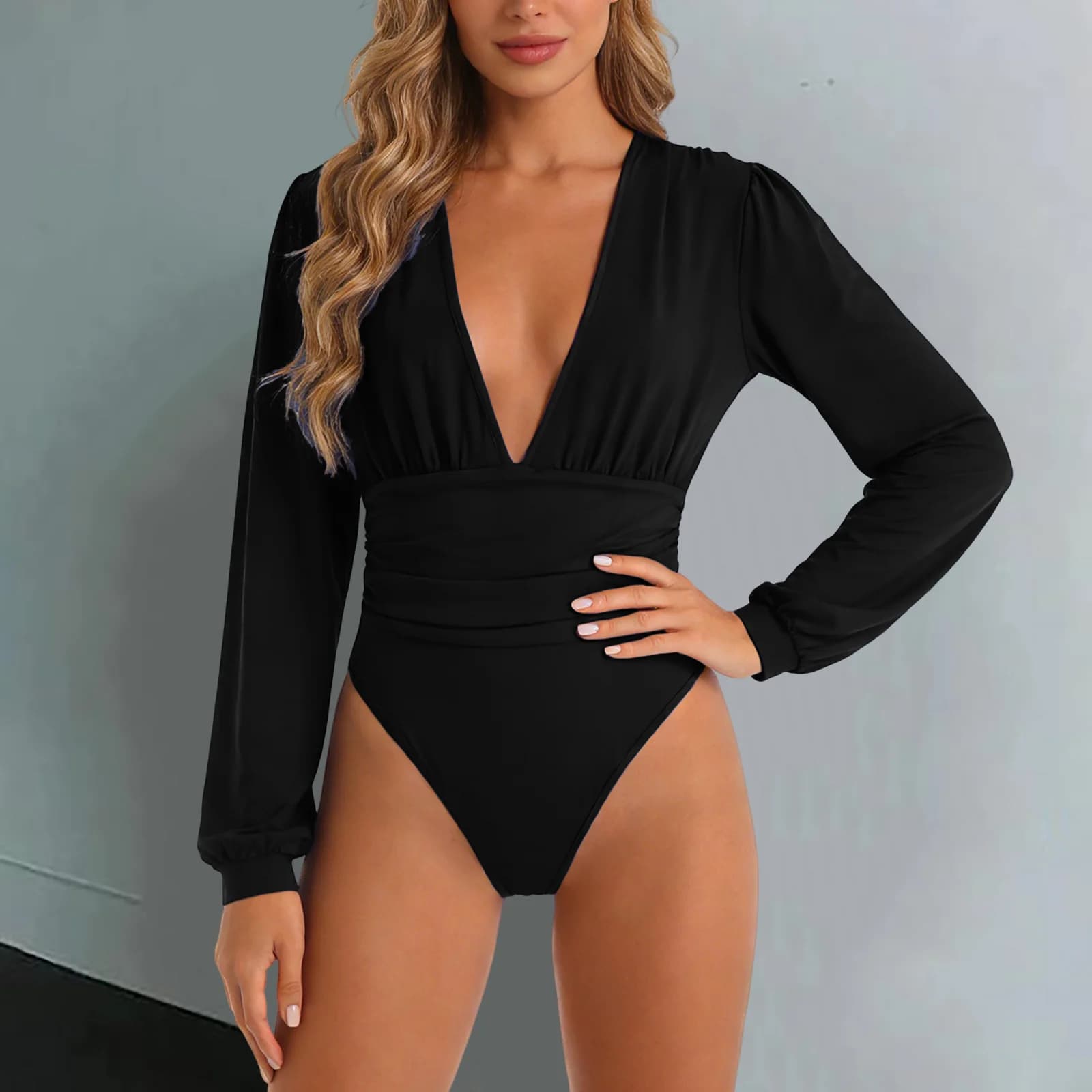 Body noir à manches longues et col en V profond pour femme, taille froncée, coupe ajustée, idéal pou