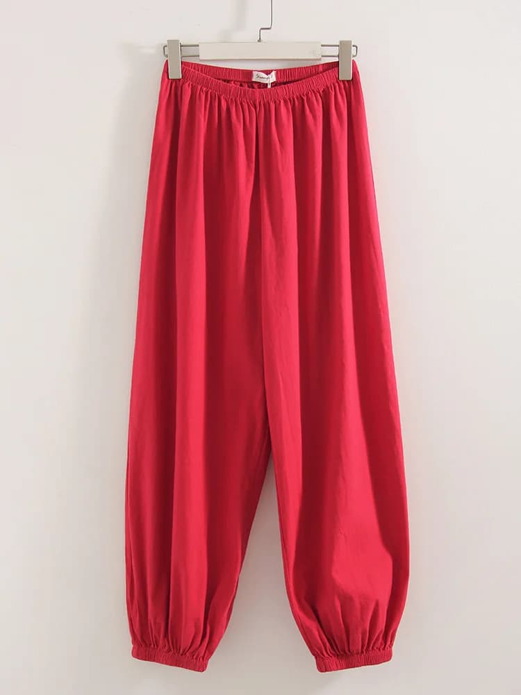Pantalon ample rouge pour femme, taille élastique en coton, style lanterne décontracté, pantalon dro