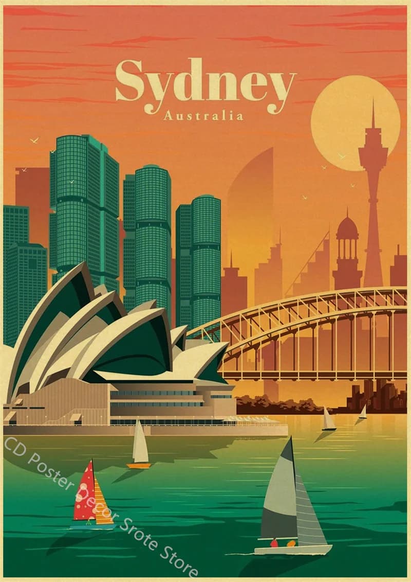 Affiche de voyage des villes mondiales, Rome, Sydney, Paris, dubaï, imprimés rétro, Architecture de 