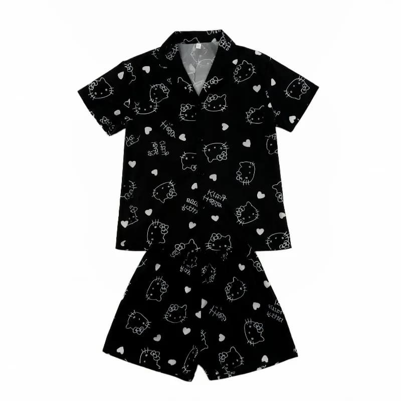Ensemble pyjama à manches courtes Hello Kitty printemps/été, vêtements de détente noirs, cadeau de f