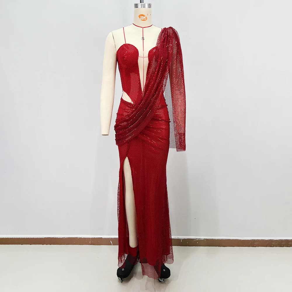 Robe de soirée chic rouge à sequins, asymétrique, avec découpes et fente haute, pour soirée en boîte