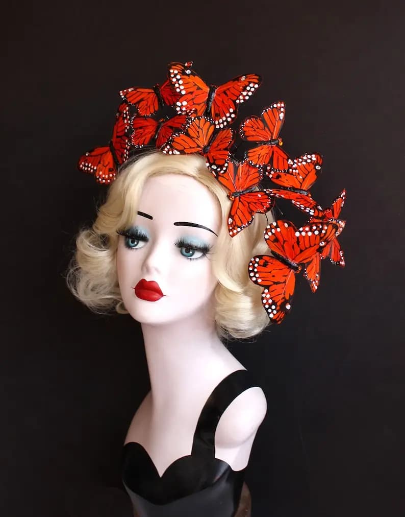 Grand serre-tête papillon monarque orange en cascade avec cristaux, coiffe papillon, accessoire pour