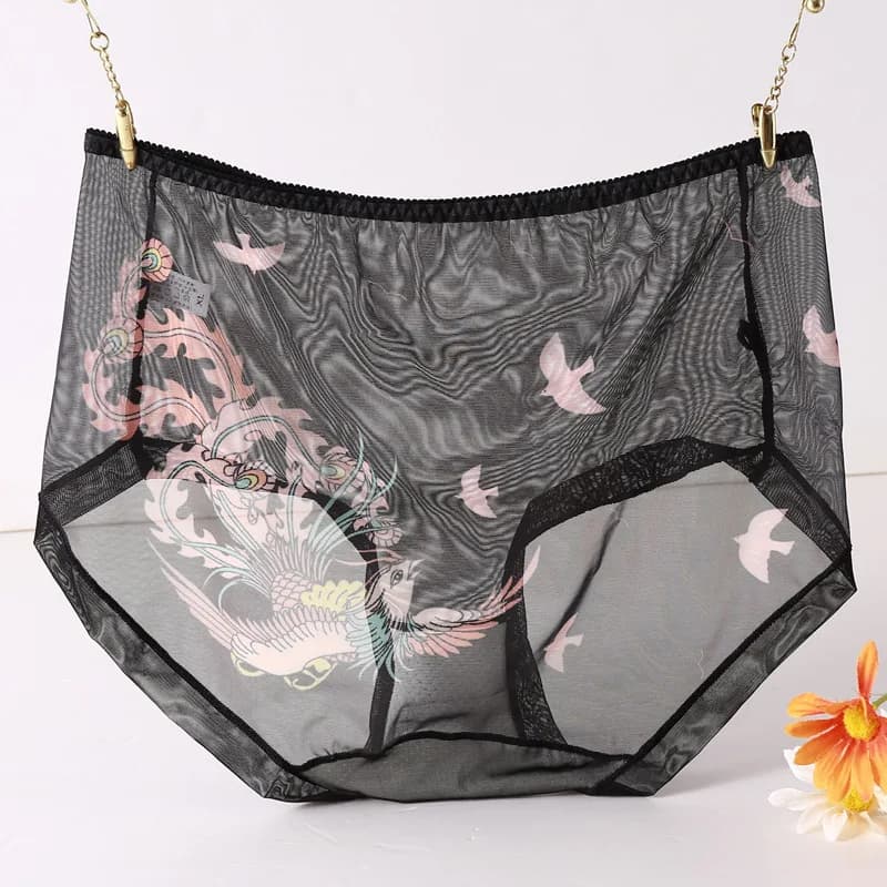 Culotte en maille transparente, slip, Bikini extensible doux avec imprimé oiseaux phénix, Allure exo