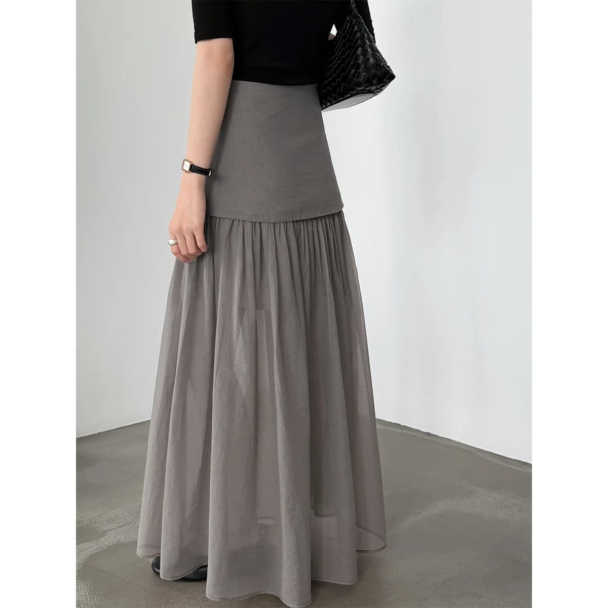 [EAM] Jupe longue trapèze élégante à taille haute en maille grise avec empiècements, pour femme, nou