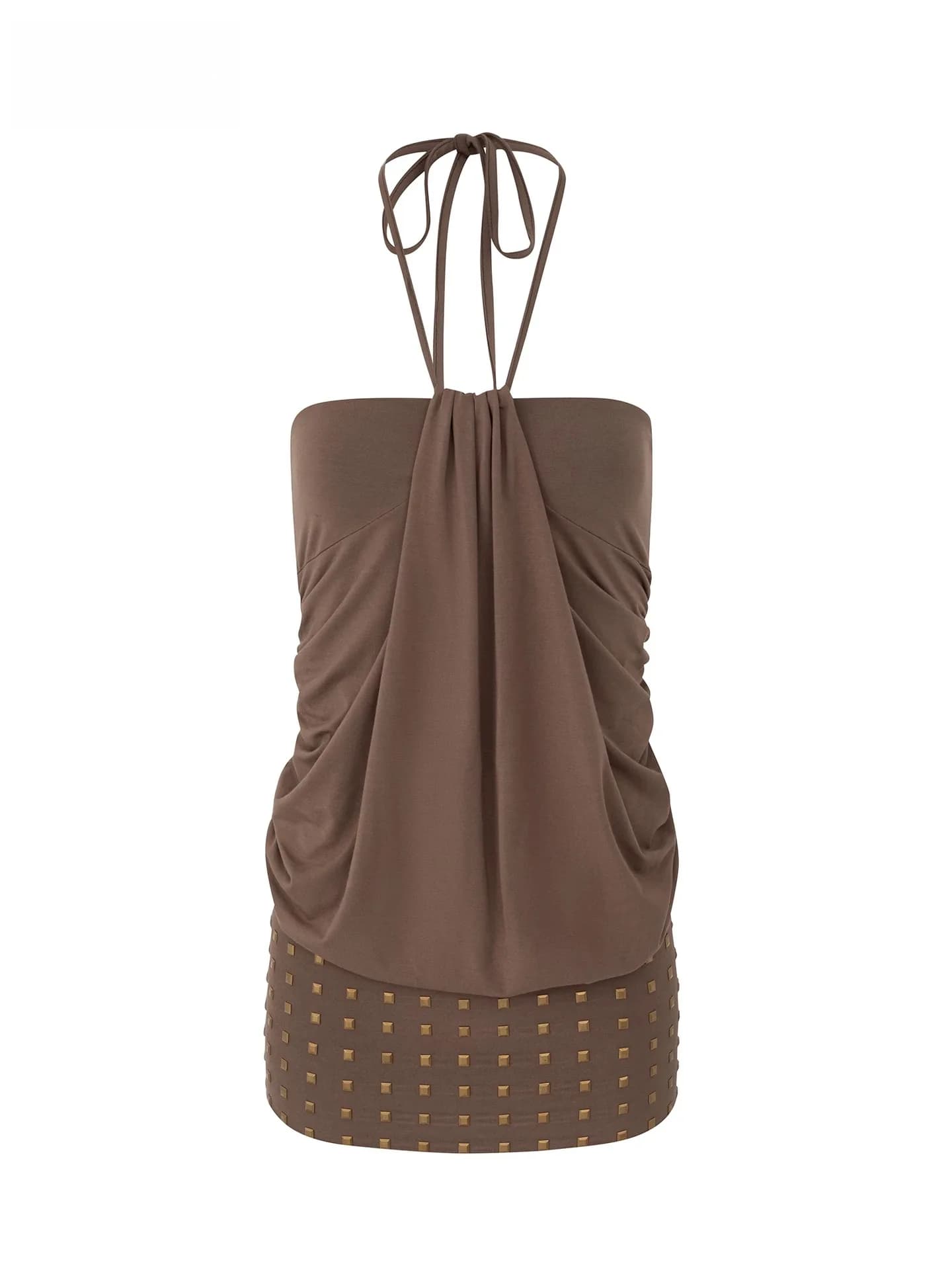 Robe Courte Moulante Rétro Années 90 à Rivets et Ceinture, Col Halter, Taille Haute, Sans Manches, e