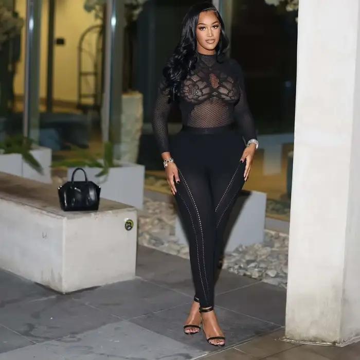 FAGADOER – tenue deux pièces sexy ajourée pour femme, haut court transparent à manches longues + pan