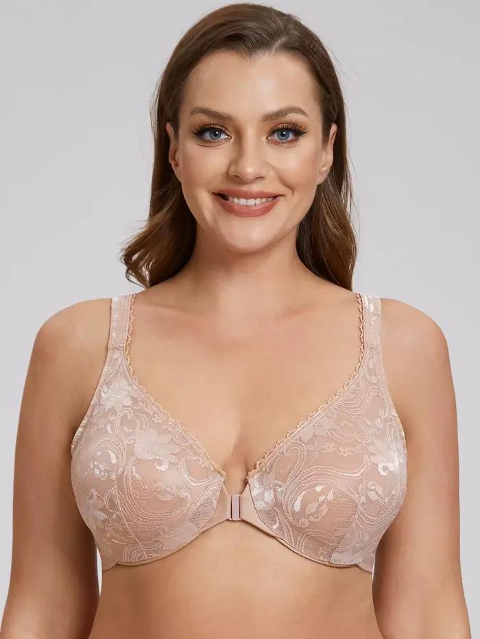 Soutien-gorge à armatures en dentelle pour femme, couverture complète, fermeture avant, sans rembour
