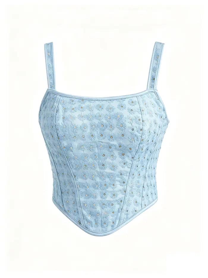 Corset moulant sexy bleu pâle à double bretelle brodé pour sculpter le corps et sublimer la silhouet