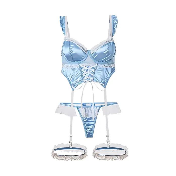 Ensemble de lingerie pour femme en satin jacquard avec dentelle, patchwork, volants et fermeture à n