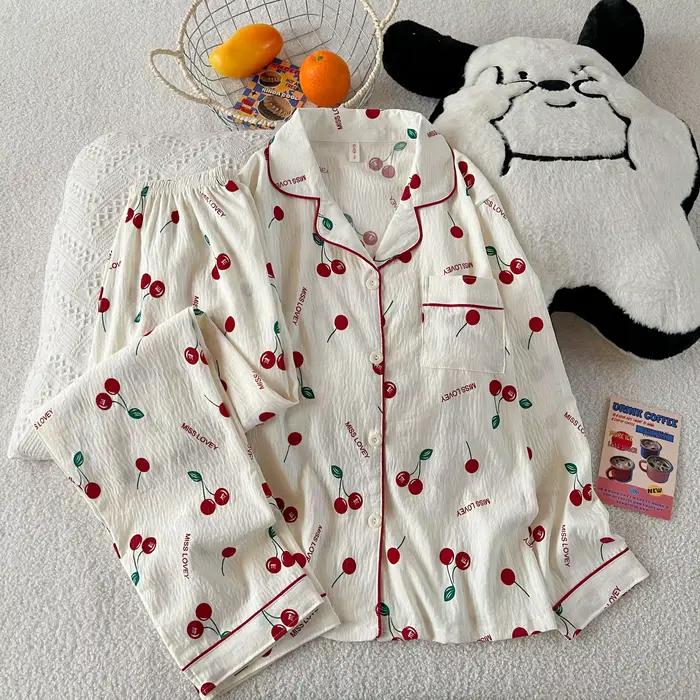 Ensemble pyjama imprimé cerise pour femmes, vêtements de détente à carreaux, manches longues, Cardig