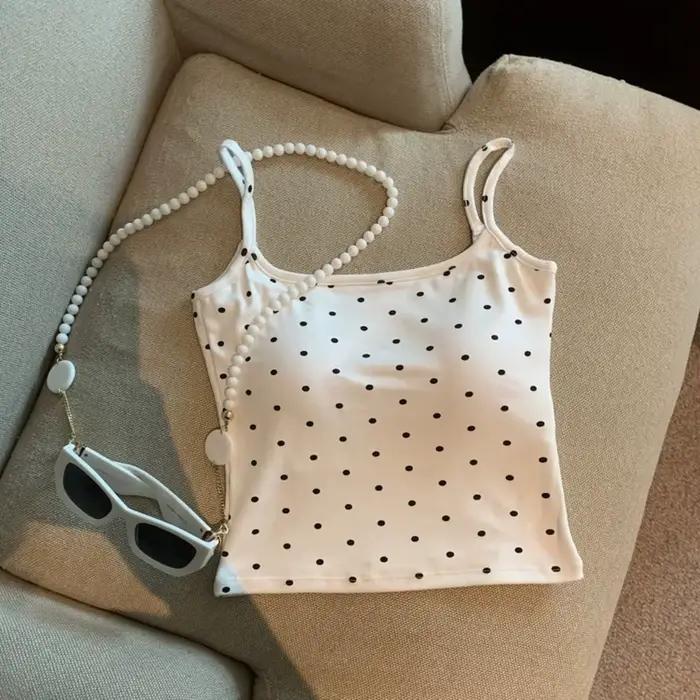 Nouveau débardeur camisole dos en U pour femme, à pois, avec soutien-gorge intégré, coupe ajustée